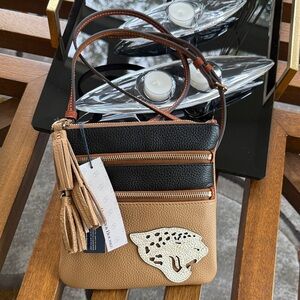Douney and Bourke Jaguar Triple Zip Black and Tan Crossbody Bag